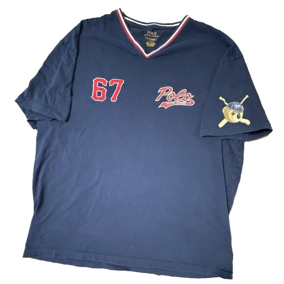 Polo Ralph Lauren V Neck Short Sleeve Shirt Bear Mens Large #67 Baseball Tee - Picture 1 of 9